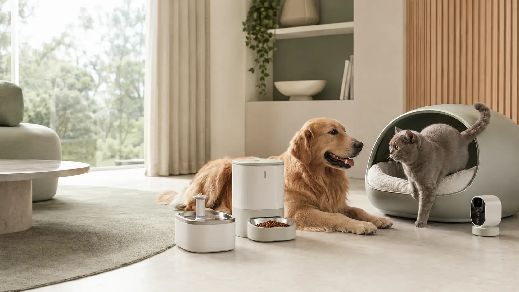 A cat and dog relaxing at home with NOVIRA smart pet products